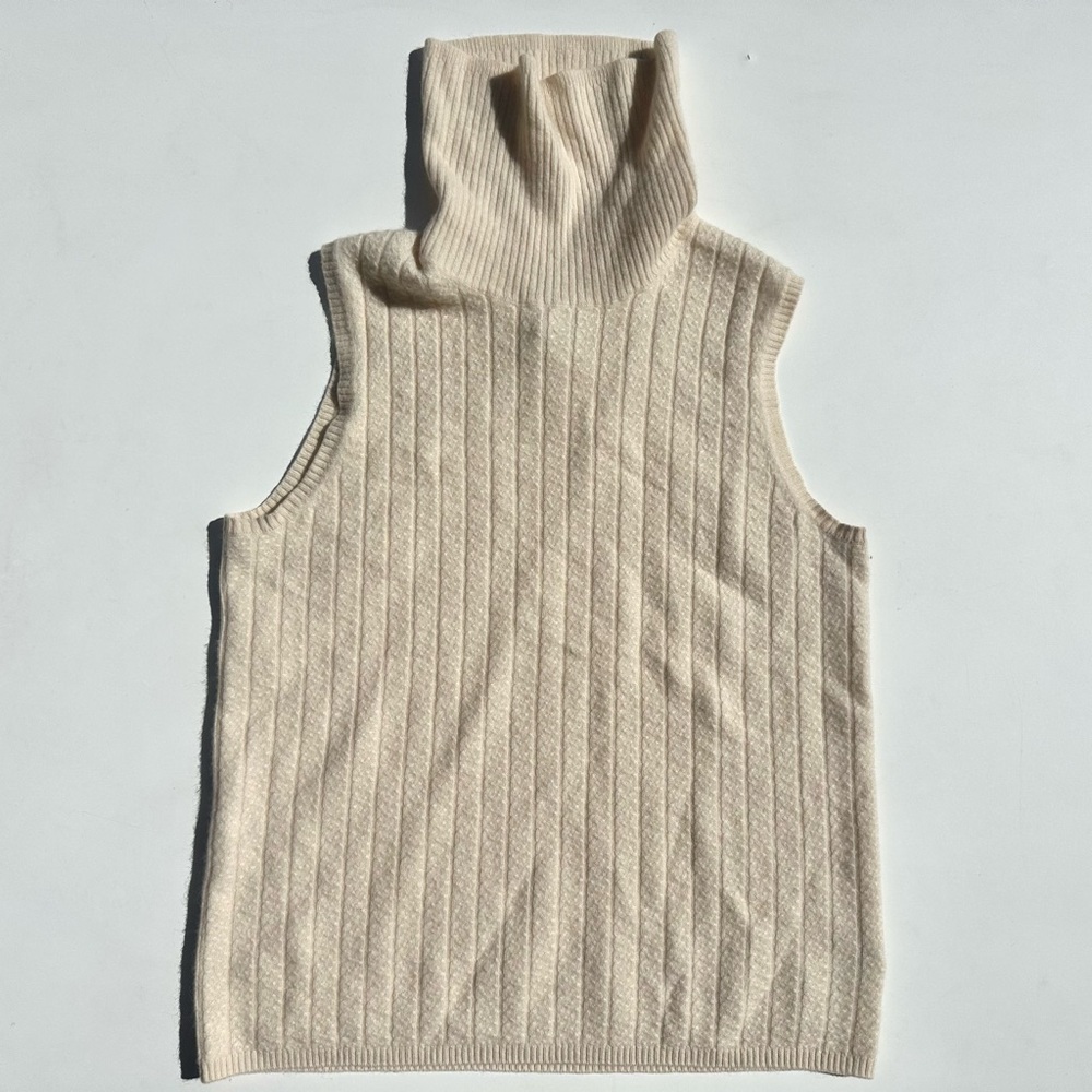 Joie 100% Cashmere Cream Sleeveless Turtleneck Sweater Vest Cable Knit, L